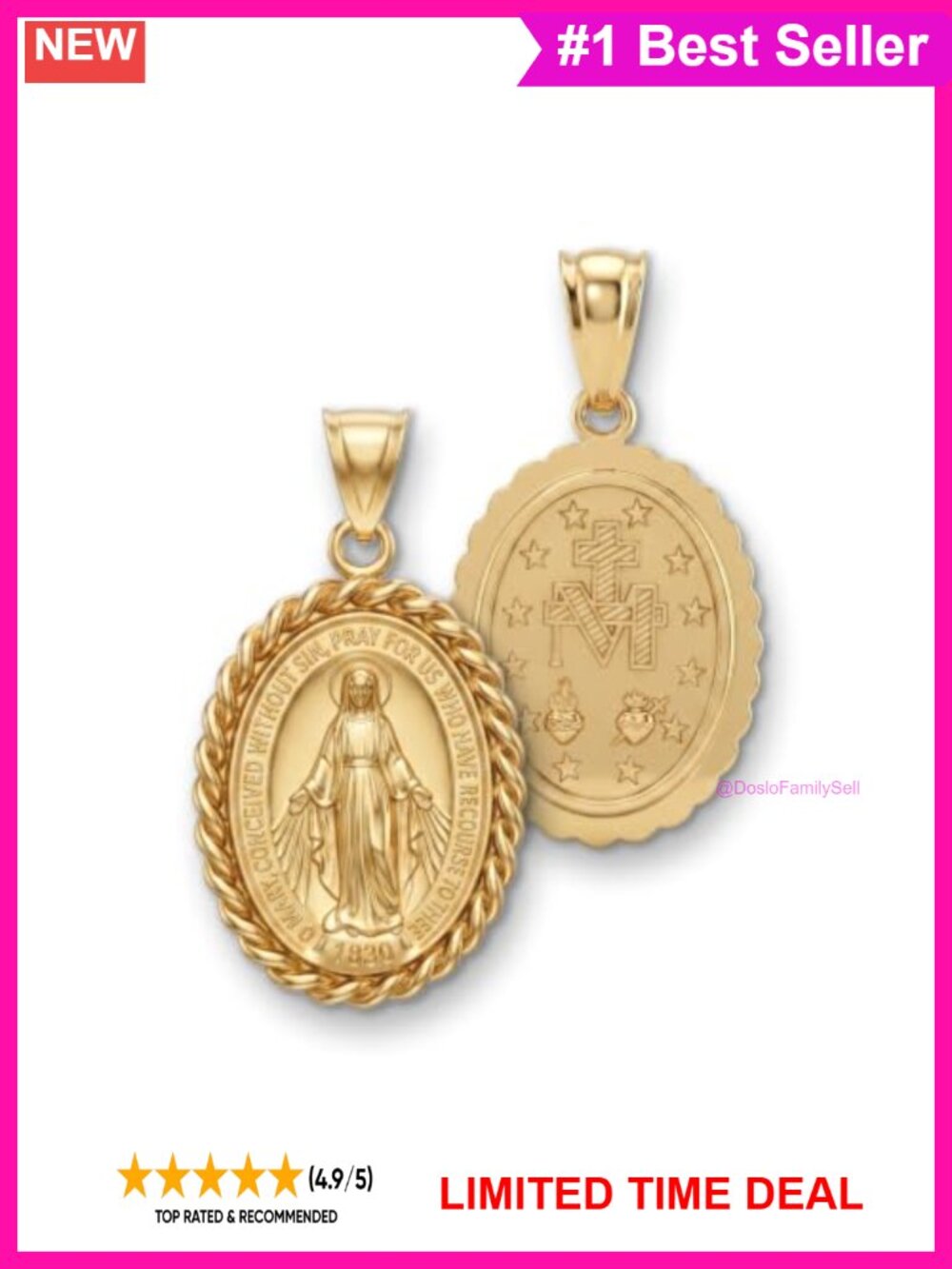14K Yellow Gold Virgin Mary Miraculous Medal Pendant Necklace USA